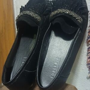 FORLERIA Black Leather Moccasin Loafers Fringe Tassel Beaded Detail Size 36 / 6